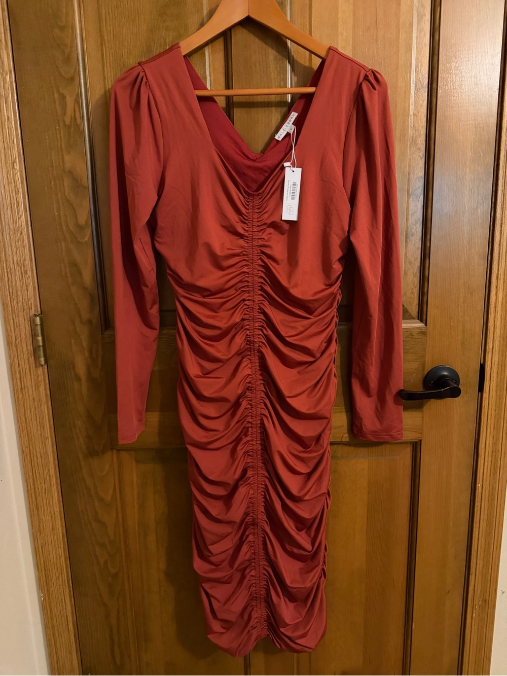 NWT Baltic Born Camden Town Midi Dress Terracotta Rust Red Ruched Size L